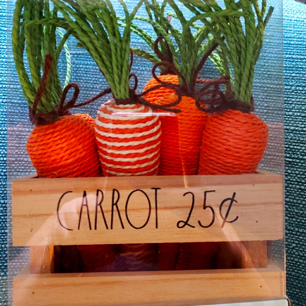 Rae Dunn carrot crate decor